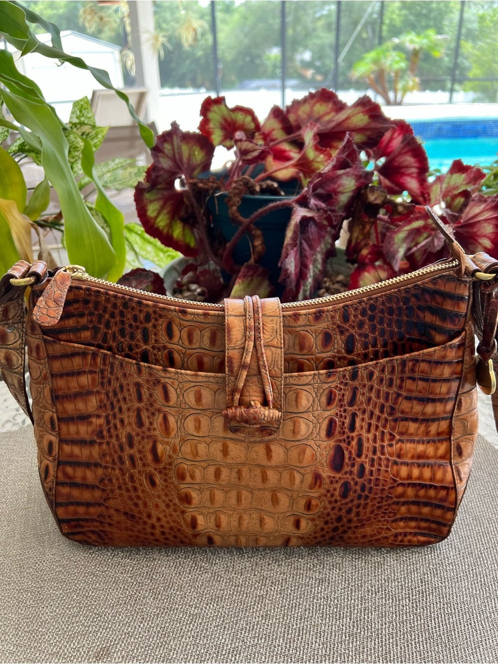 Brahmin Isabelle Tortoiseshell Croc-Embossed Tote in Warm Brown - Picture 2 of 12
